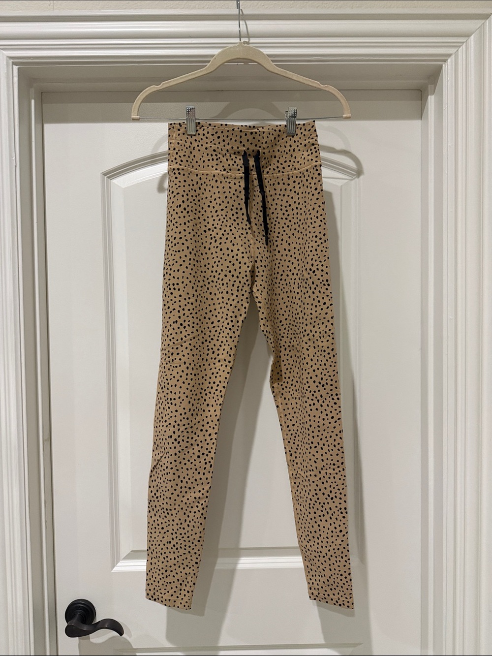 White Fox Boutique Tan Polka Dot Leggings with Black Drawstring